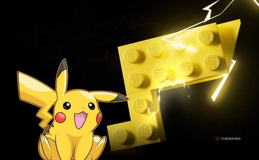 pikachu looking up at a lego pikachu tail.