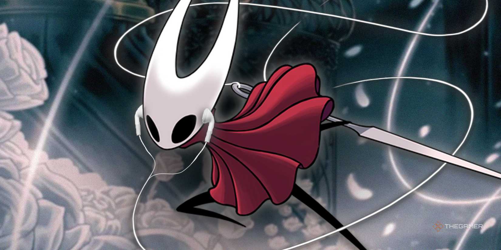 TG Hollow Knight Silkson backdrop with Hornet and her thread leading to a wire with earbuds.